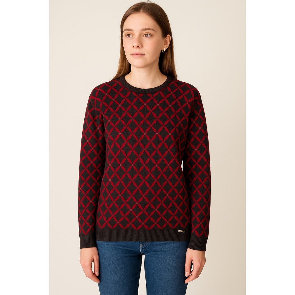 Geiger Wool Argyle Diamond Sweater Black‎ Red Size XL Austria Women's